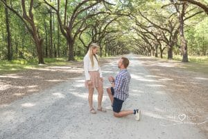 surprise proposal engagement photos at Wormsloe path tall trees savannah 